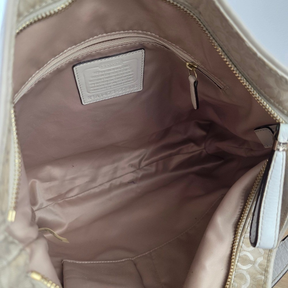 COACH Madison Op Art Pearl Signature Tan Khaki Canvas Hobo Shoulder Bag Purse - Picture 9 of 16